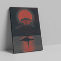 Stylized graphic of a solitary tree against a large red moon with its reflection on a ripple-patterned lake