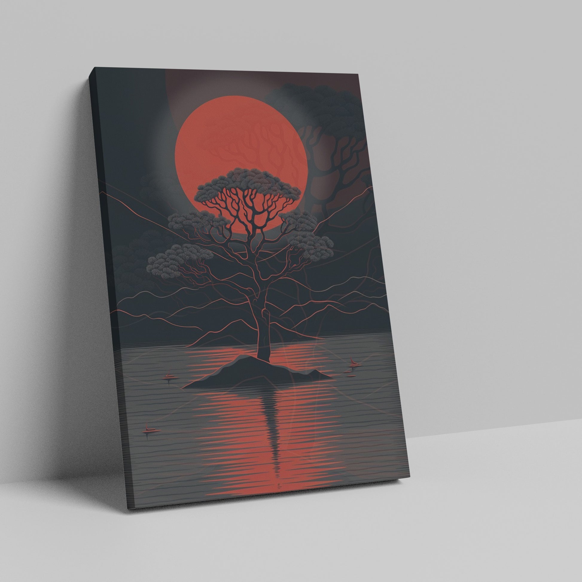 Stylized graphic of a solitary tree against a large red moon with its reflection on a ripple-patterned lake