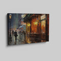 Framed canvas print of a rainy evening cityscape with warm glowing lights and reflections