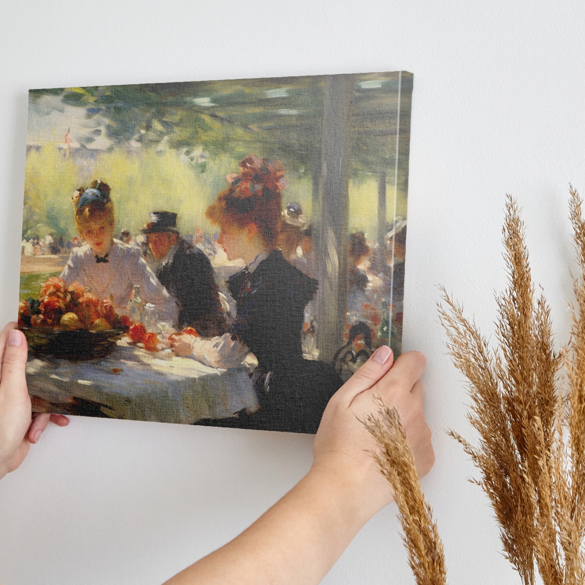 Framed canvas print of a 19th-century Impressionist dining scene with figures in elegant attire.