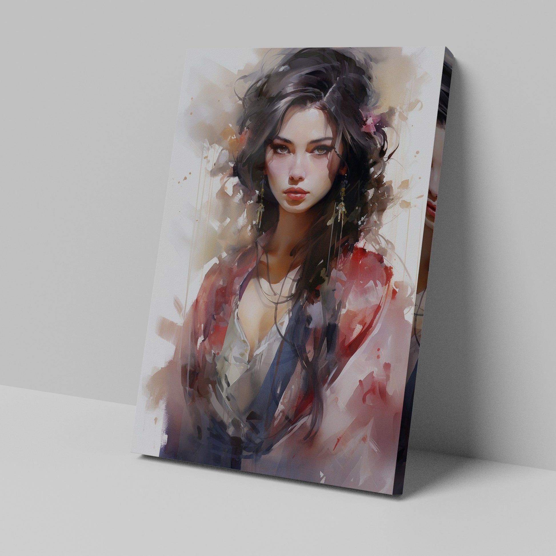 Framed canvas print of abstract female portrait with vibrant colours and watercolor style