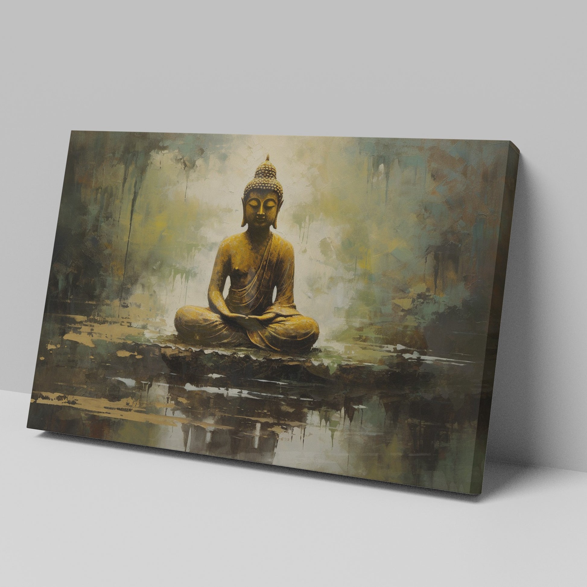 Framed canvas print of a serene and textured Golden Buddha on an abstract background