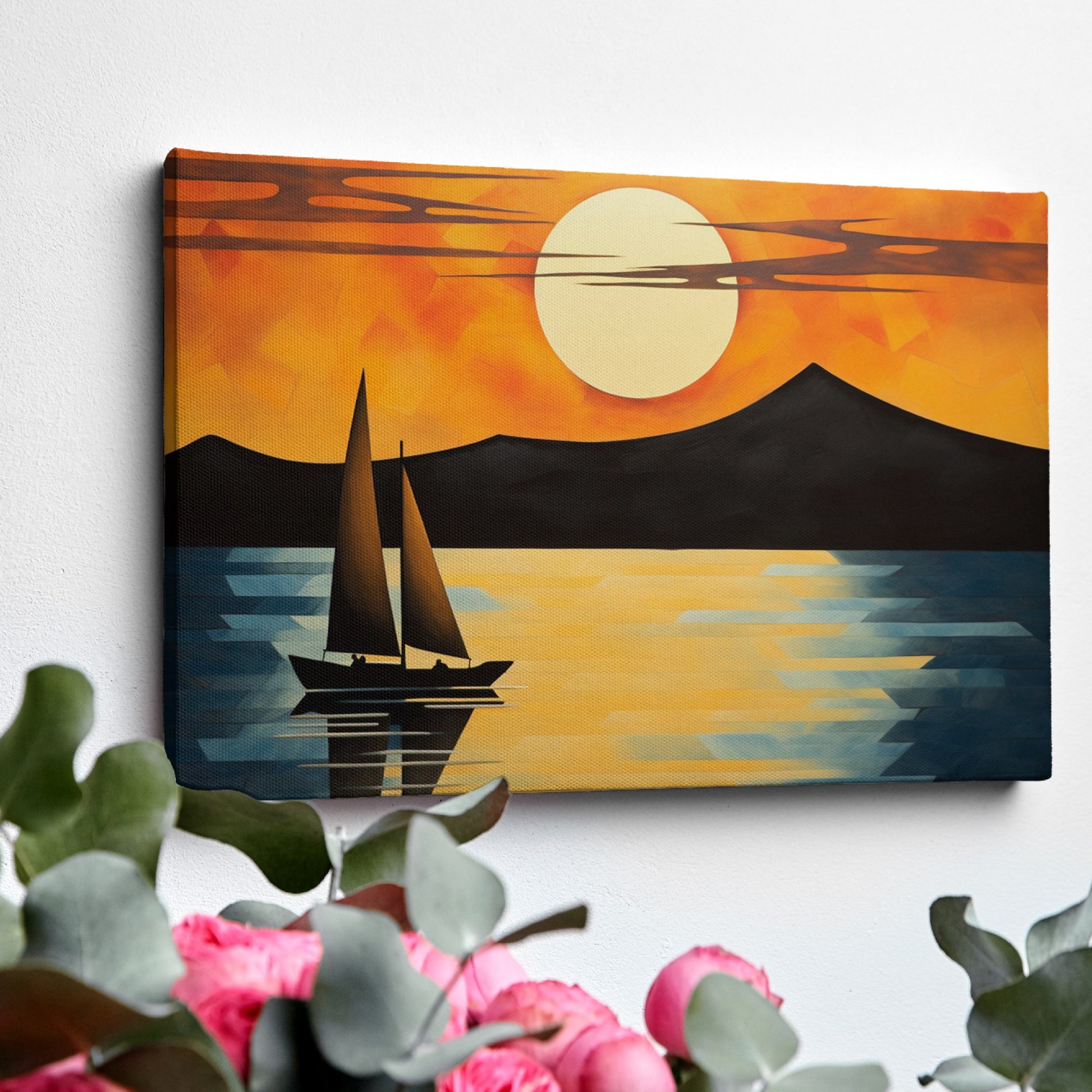 Geometric style painting of a sailboat at sunset with mountains and reflections in the water