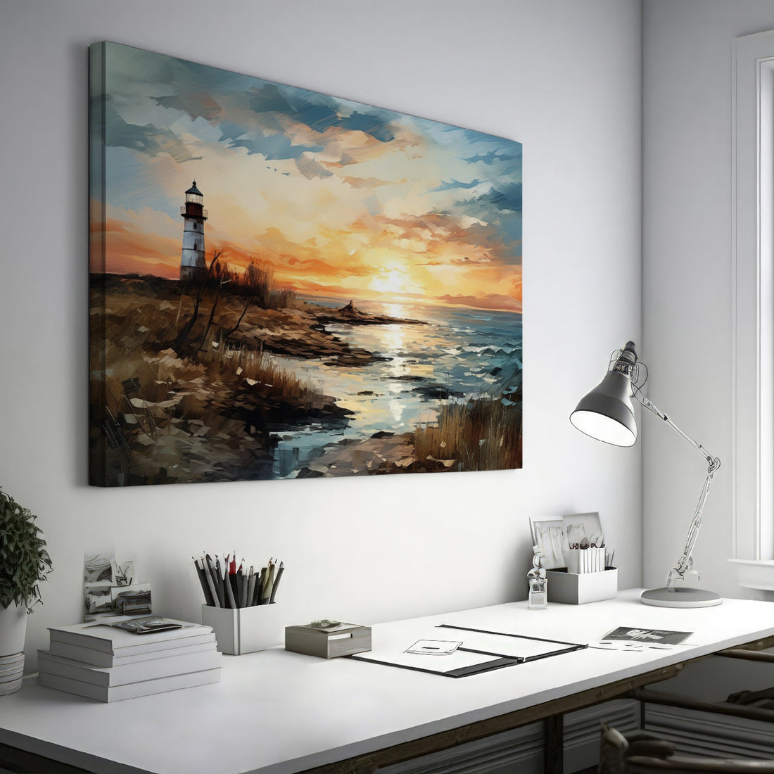 Painting of a lighthouse at sunset with orange and blue skies over a calm sea