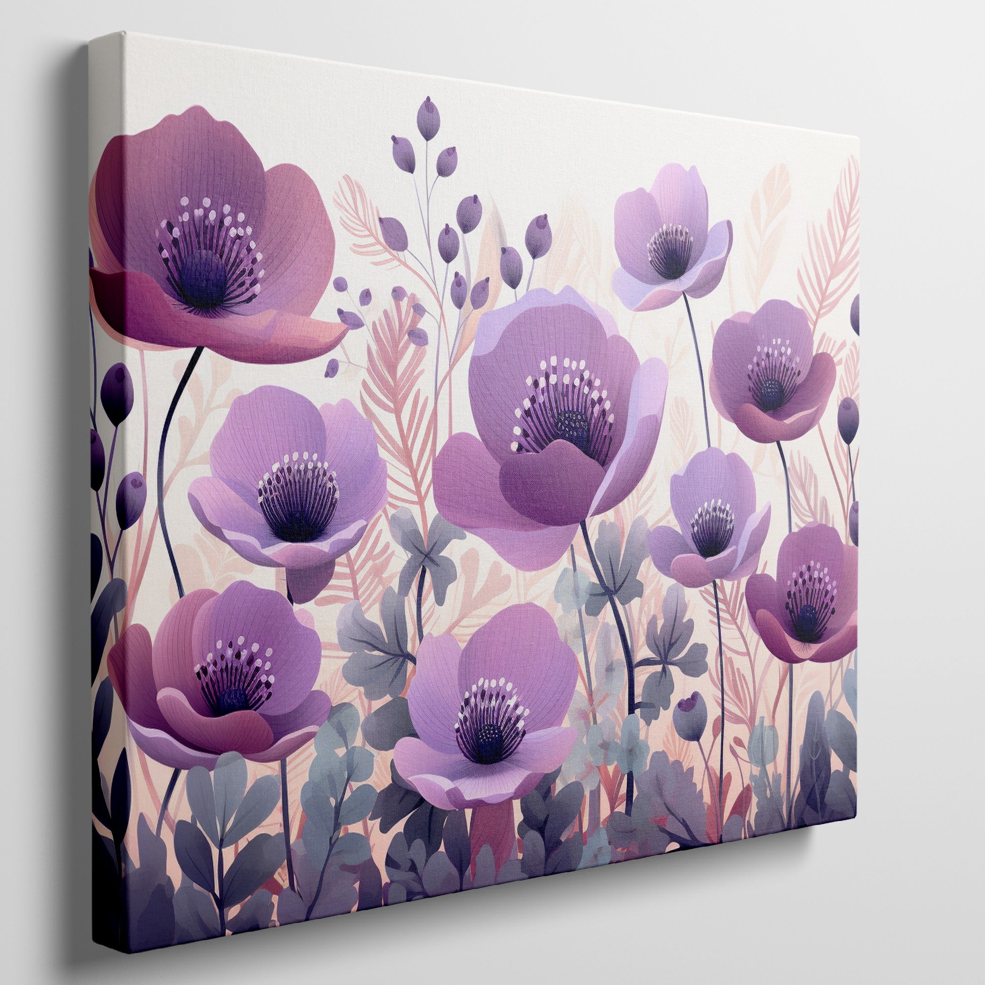 Framed canvas print of stylised anemone flowers in lavender and mauve hues