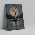 Framed canvas print of a minimalist scene with a lone tree, red leaves, and a moonlit lake