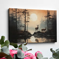 Framed canvas print of serene forest scenery with deer and sunset