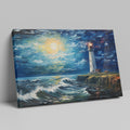 Framed canvas print of an impressionist lighthouse seascape with textured brushwork and dynamic ocean waves