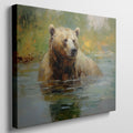 Framed canvas print of an impressionistic painting of a brown bear in a tranquil river setting with lush greenery