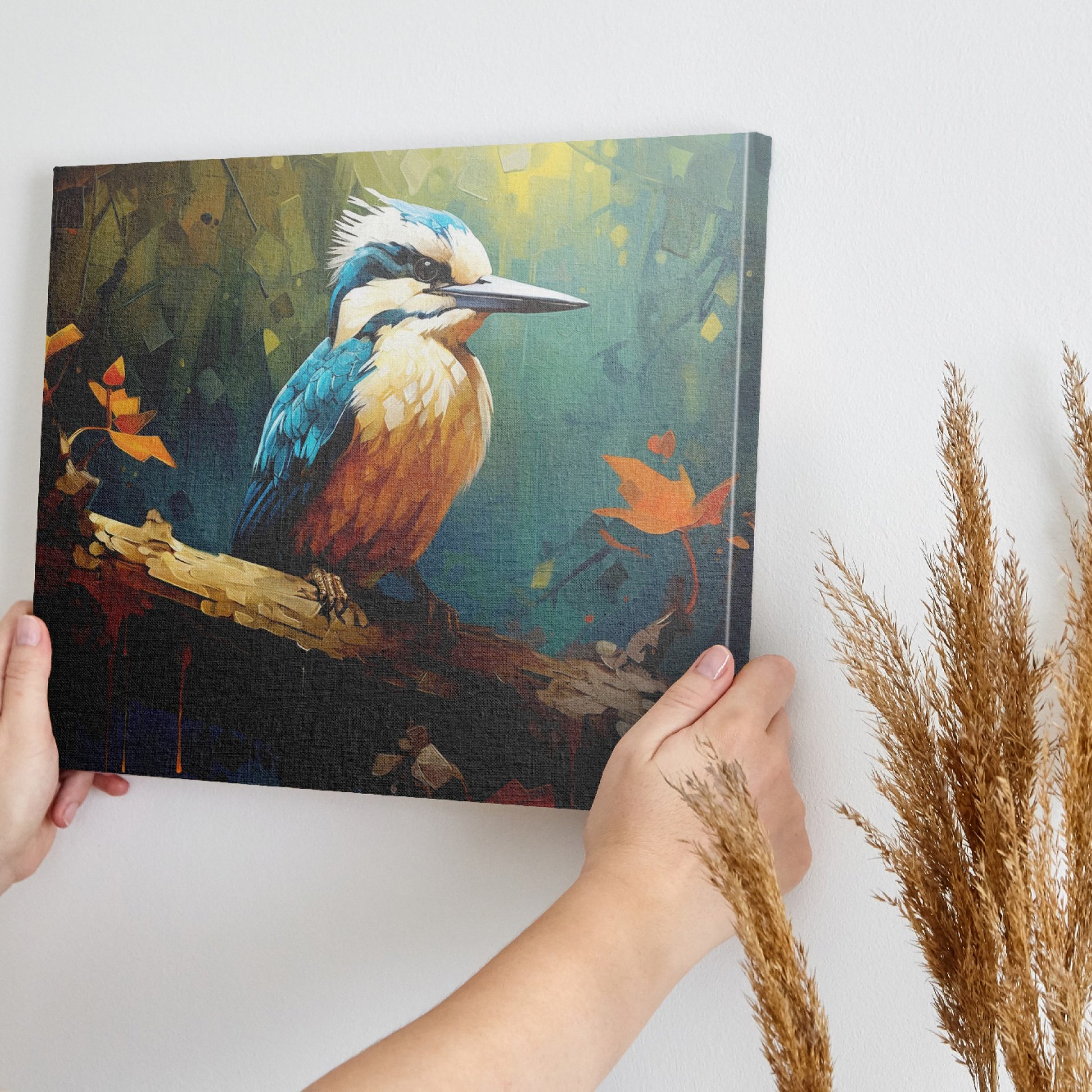 Framed canvas print featuring a vibrant digital art depiction of a kingfisher with autumnal elements