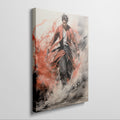 Framed canvas print of a dynamic Samurai in traditional red and black attire with expressive brush strokes