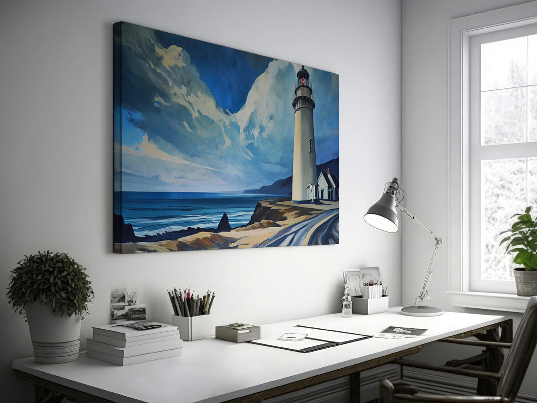 Framed canvas print of a coastal lighthouse with vibrant blue skies and ocean