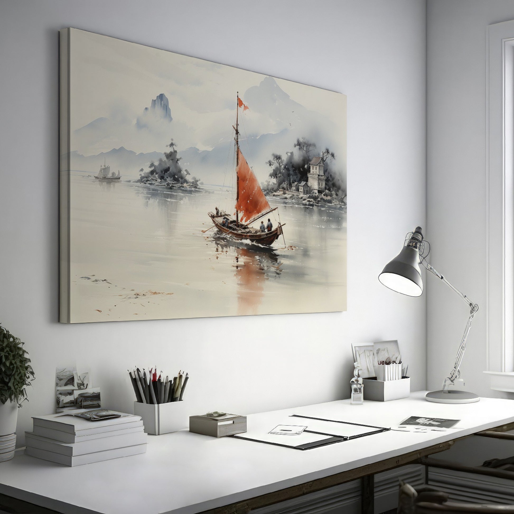 Framed canvas print of traditional Chinese painting featuring a sailboat, misty mountains, and historical architecture