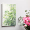 Framed canvas print of a tranquil watercolour depiction of bamboo surrounded by soft green hues