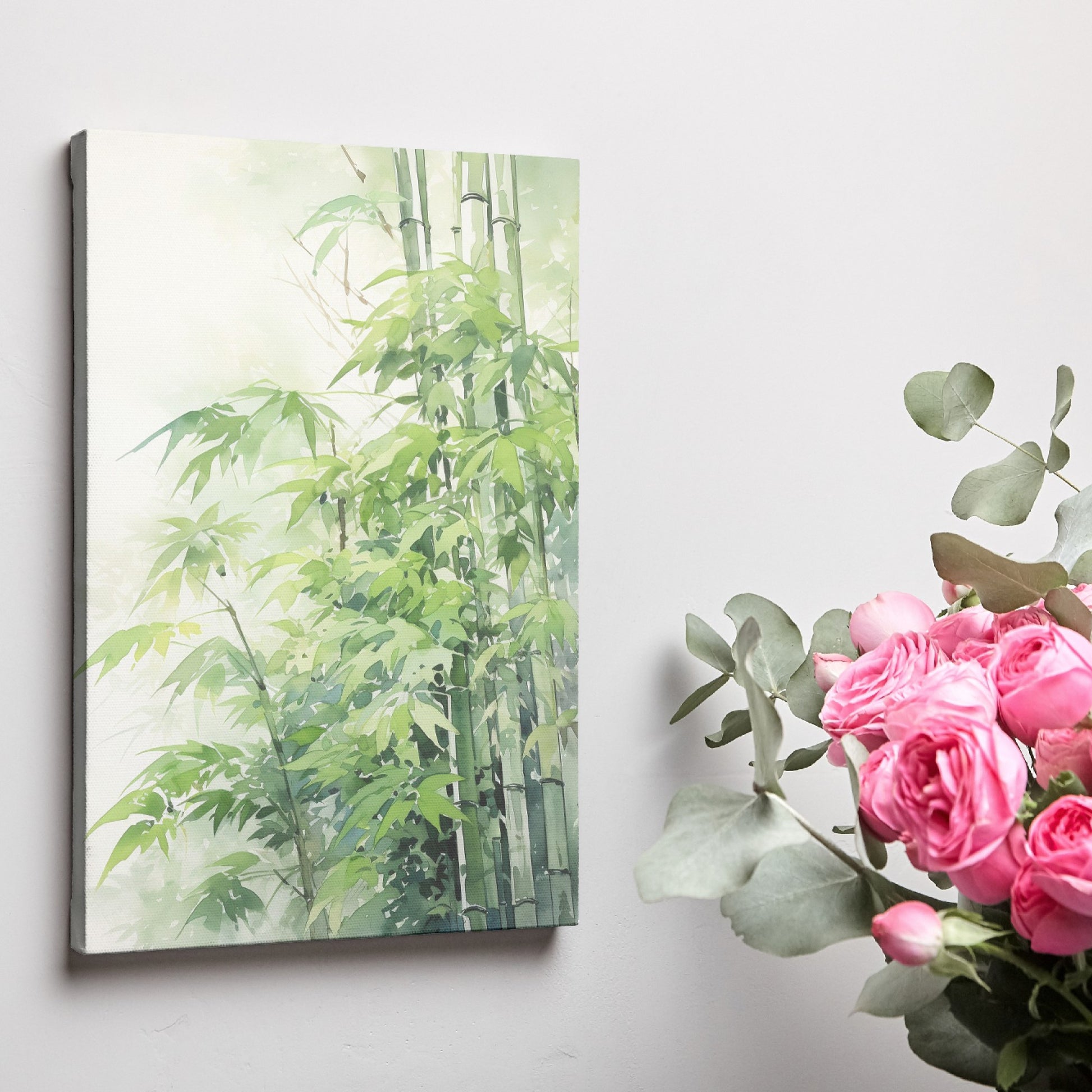 Framed canvas print of a tranquil watercolour depiction of bamboo surrounded by soft green hues