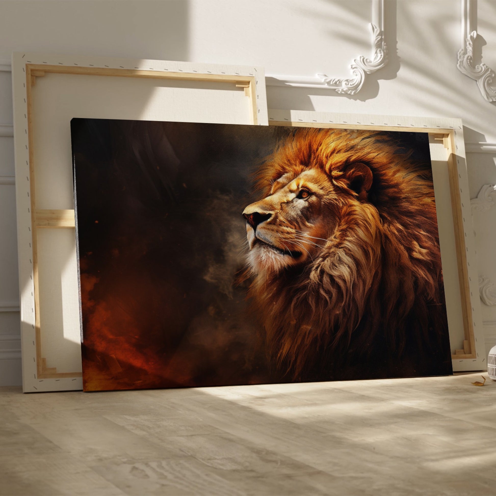 Framed canvas print of a realistic lion portrait with fiery mane