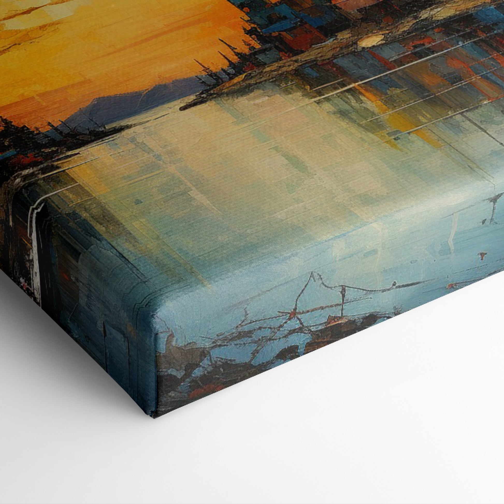 Framed canvas print of vibrant sunset with cityscape reflection over water and textured brush strokes