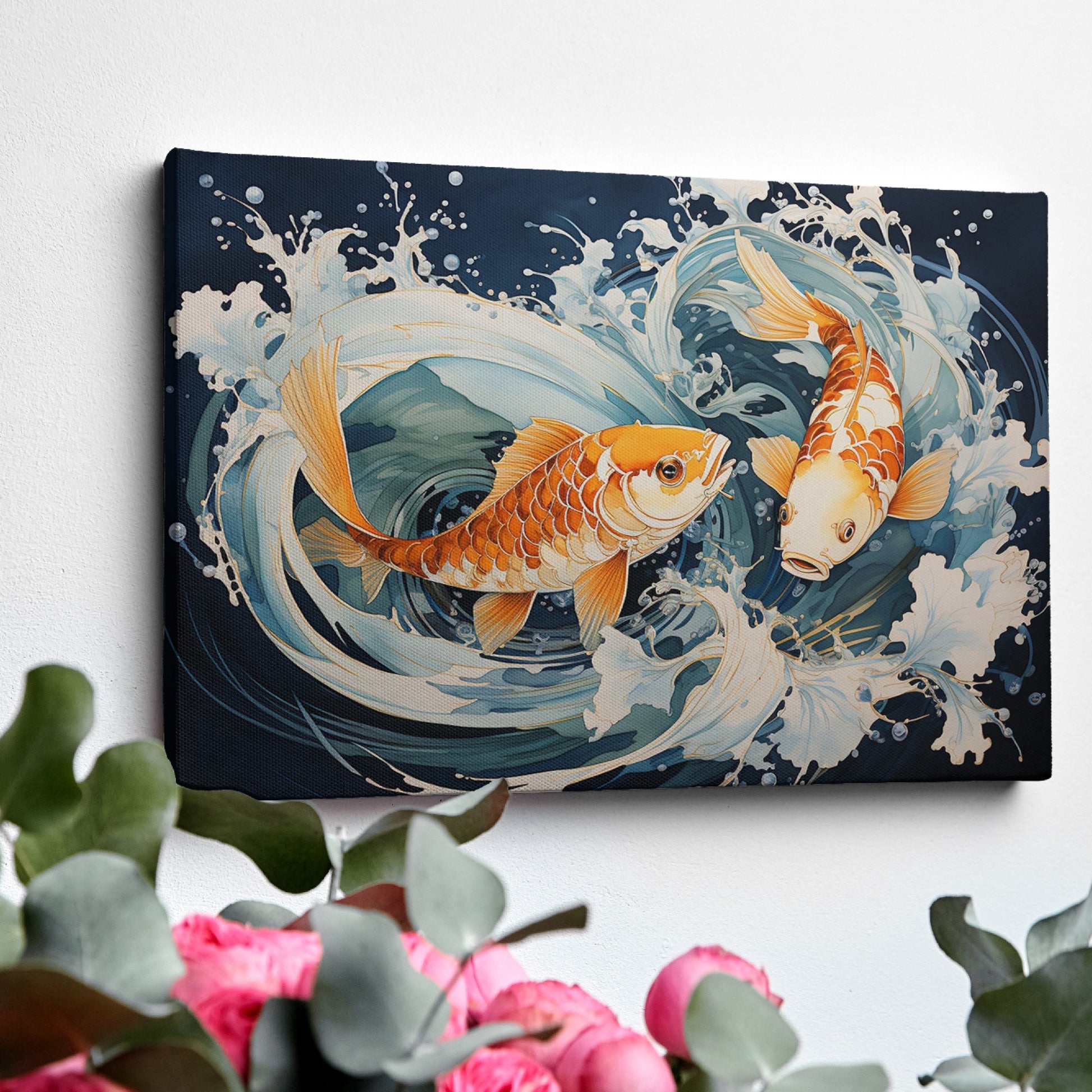 Framed canvas print of two vibrant koi fish with dynamic water movements in a Japanese style illustration