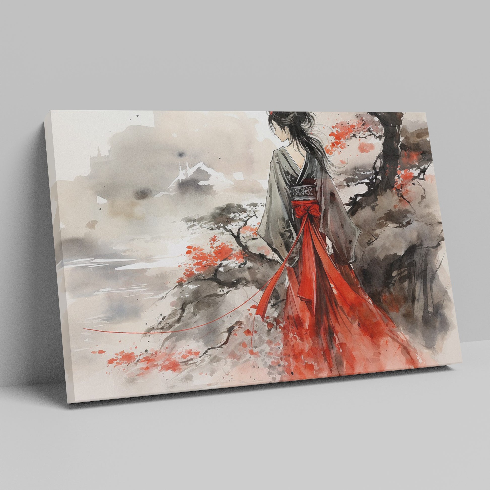 Framed canvas print of a traditional geisha in vibrant red, set against an oriental landscape with ink wash