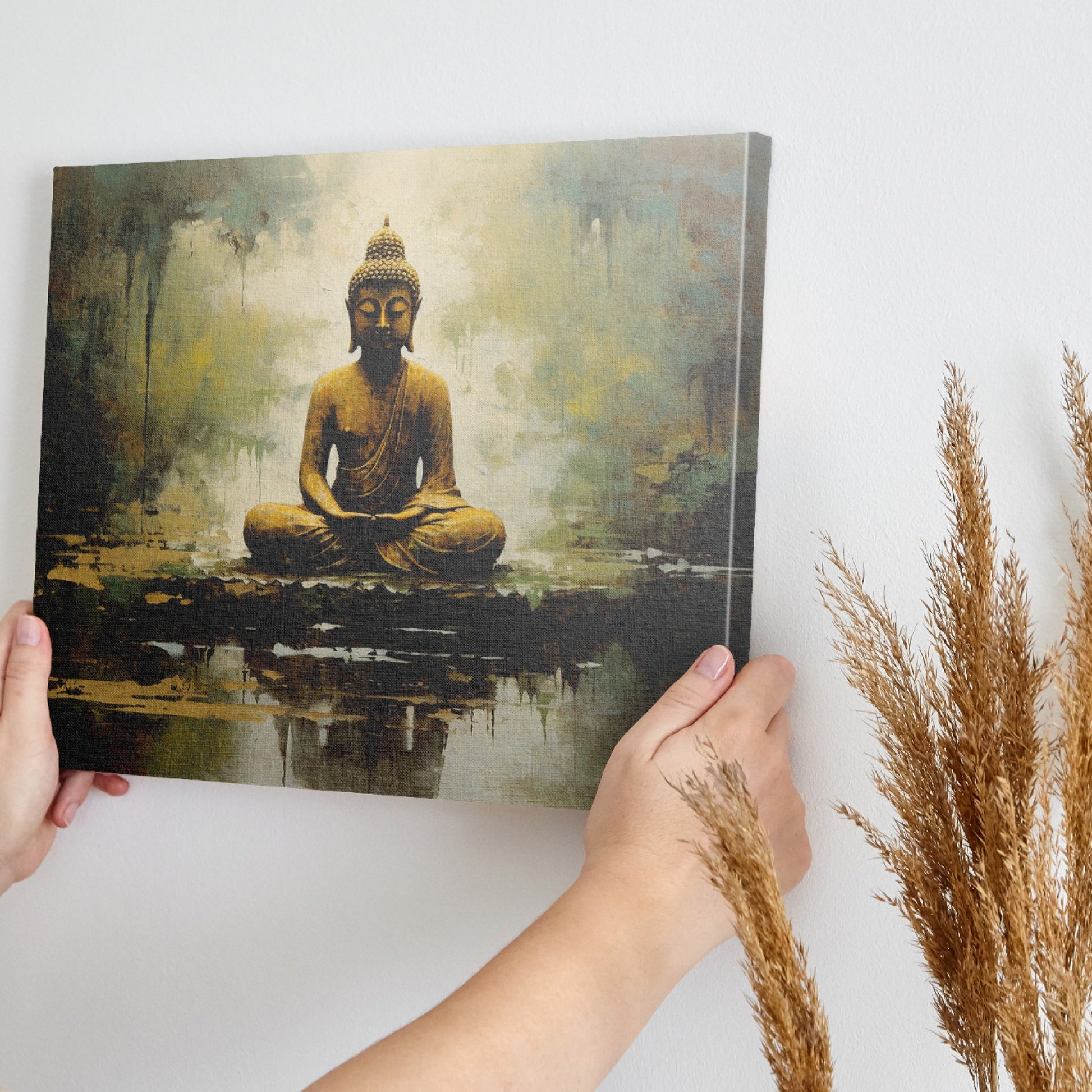 Framed canvas print of a serene and textured Golden Buddha on an abstract background