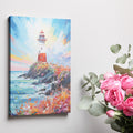 Framed canvas print of a vibrant impressionist seascape with a lighthouse at sunset