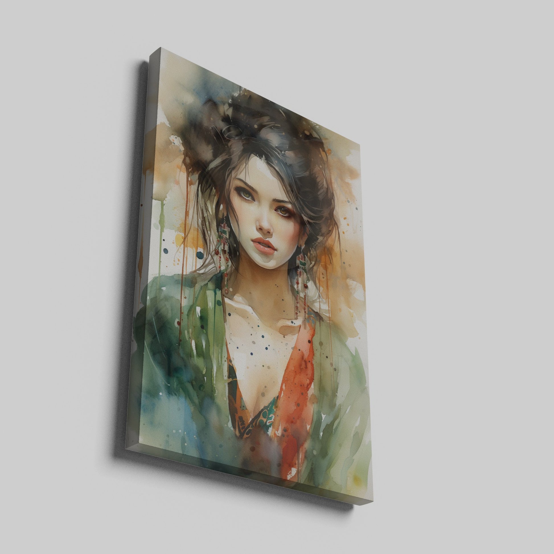 Framed canvas print of a watercolour portrait of a female with abstract elements