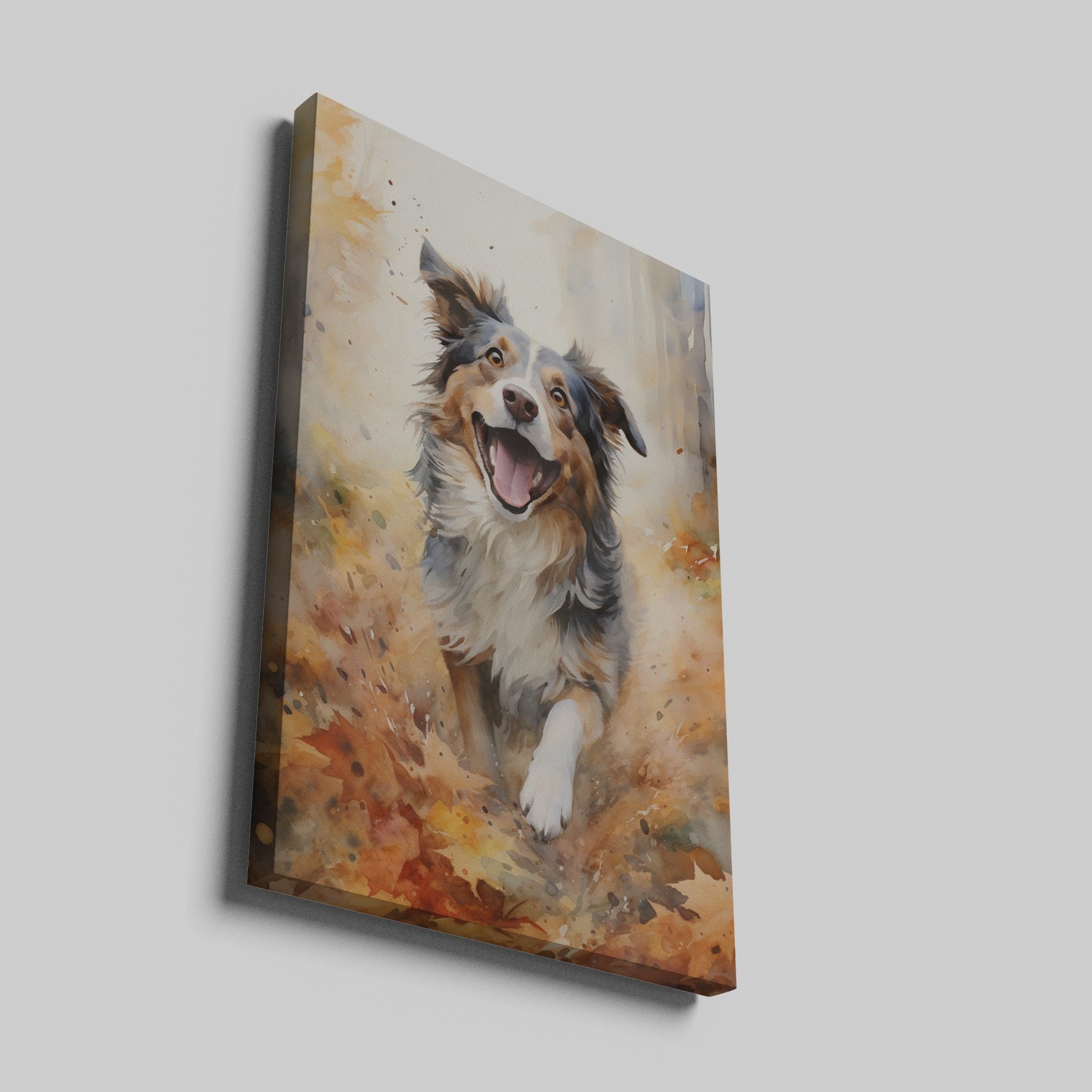 Framed canvas print of a joyful watercolour dog portrait with autumnal tones