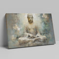 Framed canvas print of a serene Buddha in meditation with ethereal blue and earthy tones