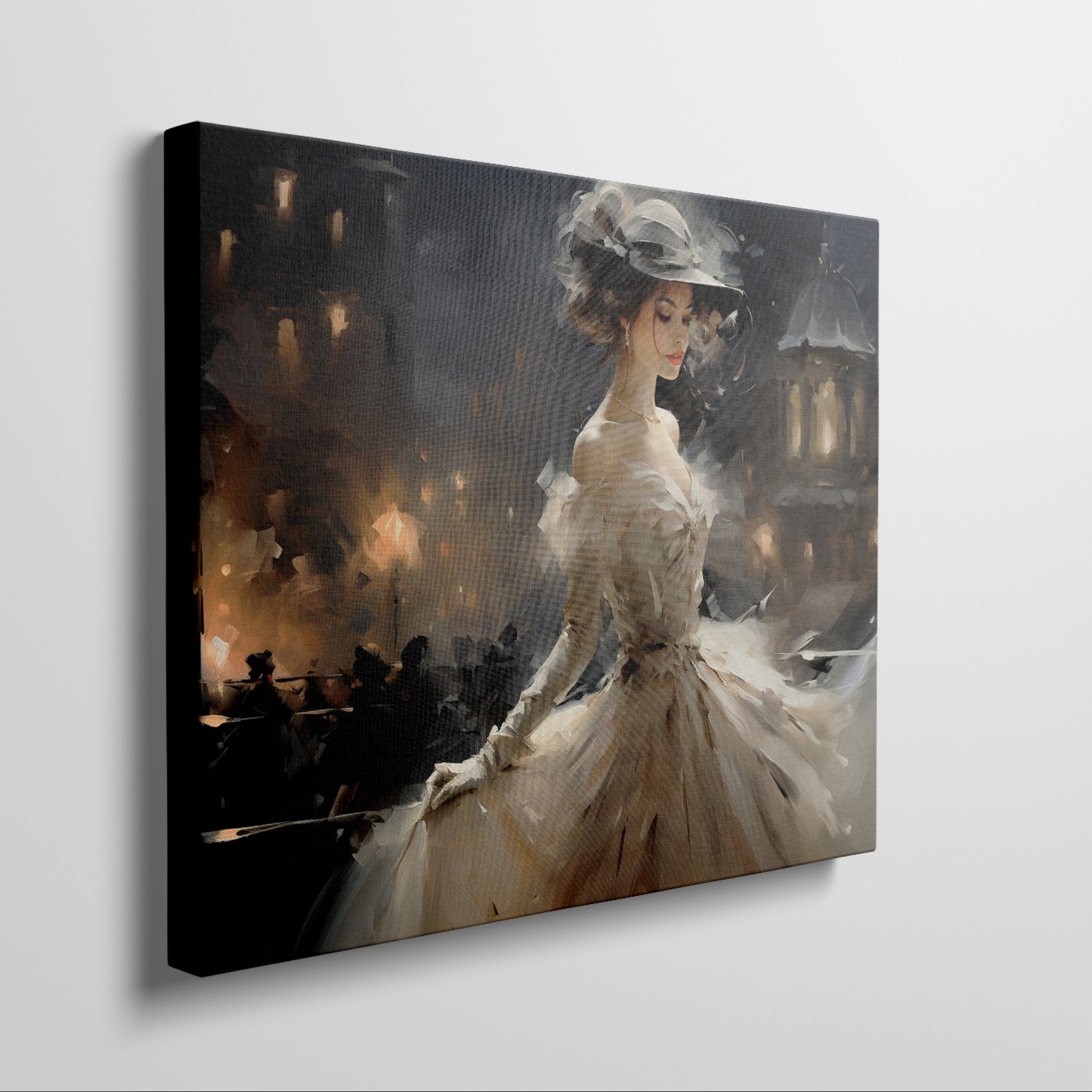 Framed canvas print of an elegant Victorian lady in a dress with Parisian night background