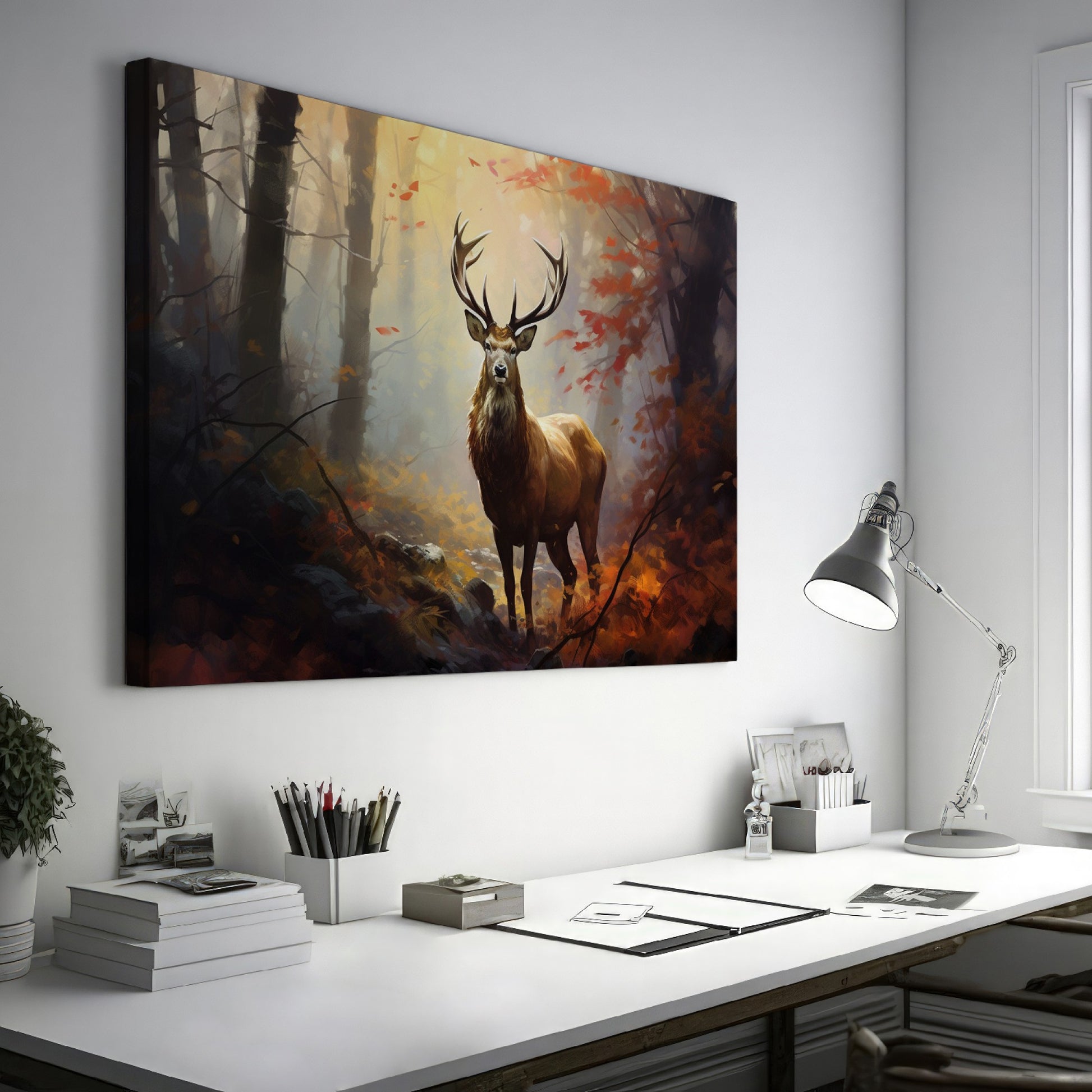 Framed canvas print of a majestic stag in an autumn forest with golden light filtering through the trees