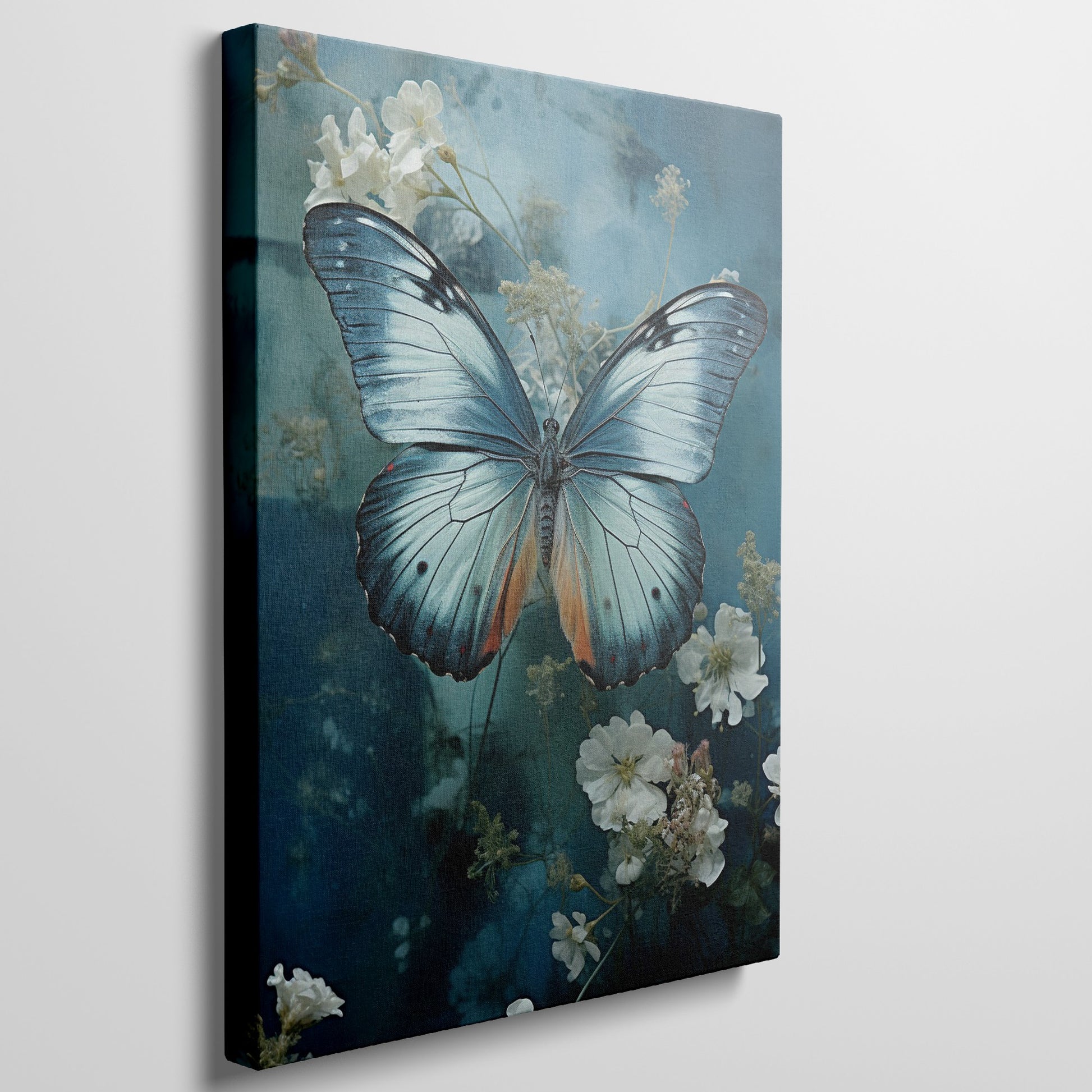 Framed canvas print of a vivid blue butterfly with delicate white flowers on a blue background