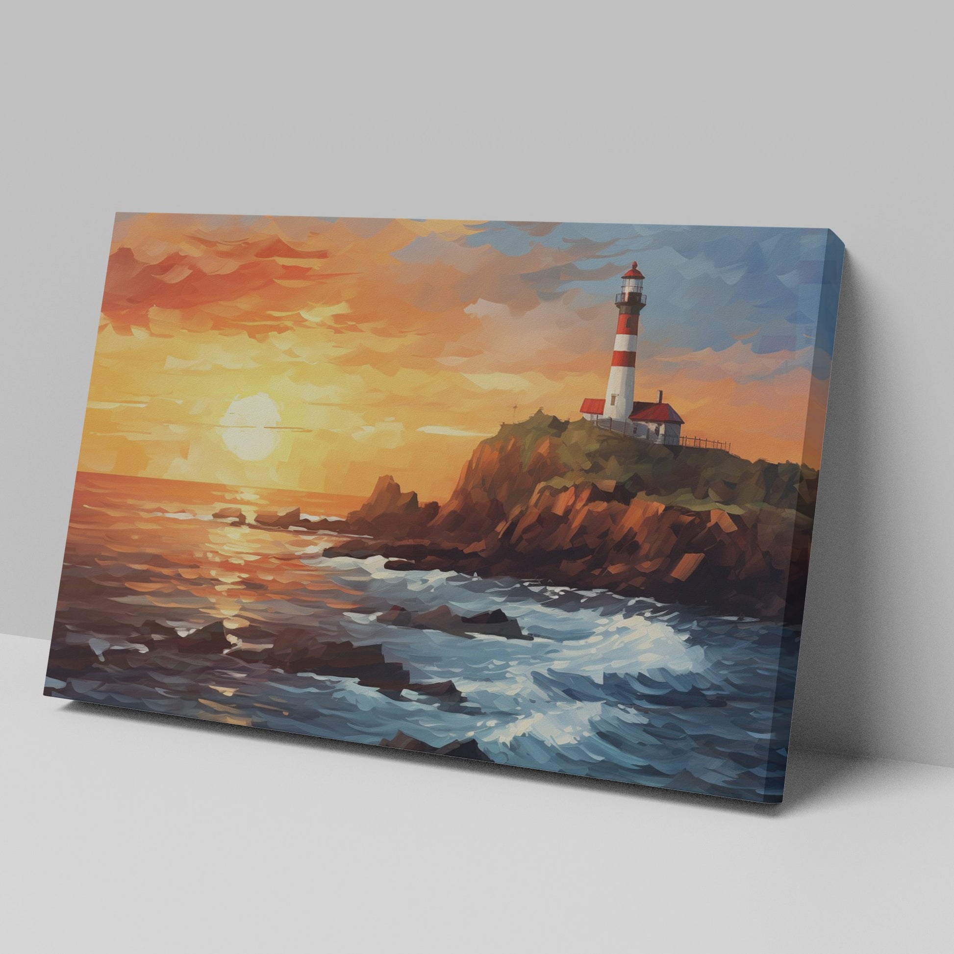 Framed canvas print of a sunset seascape with a lighthouse on a cliff