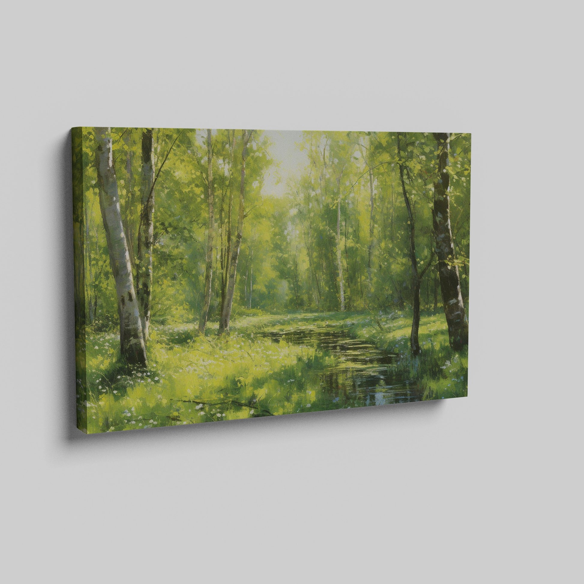 Framed canvas print of a lush forest scene with birch trees and a stream with sunlight filtering through green leaves