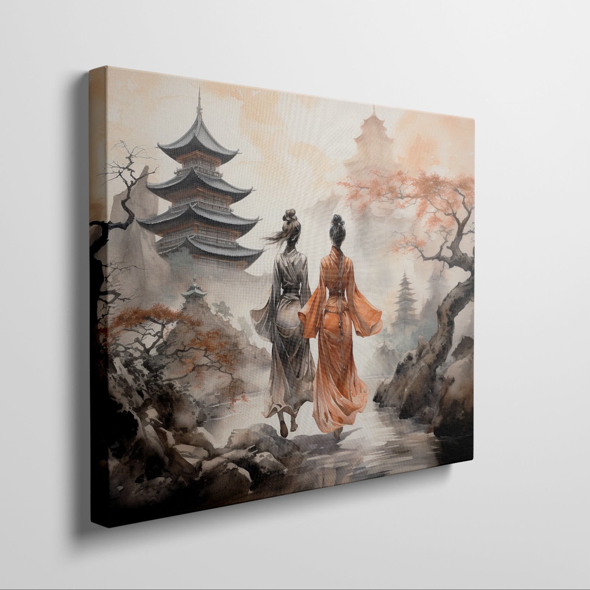 Framed canvas print of traditional Chinese pagoda landscape with figures in kimonos and cherry blossoms