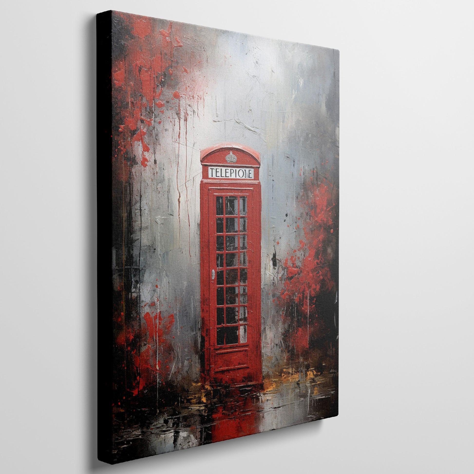 Framed canvas print of a London red telephone box with abstract splatter textures in shades of red, grey, and black