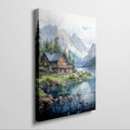 Framed canvas print of a serene lake cabin with mountain backdrop