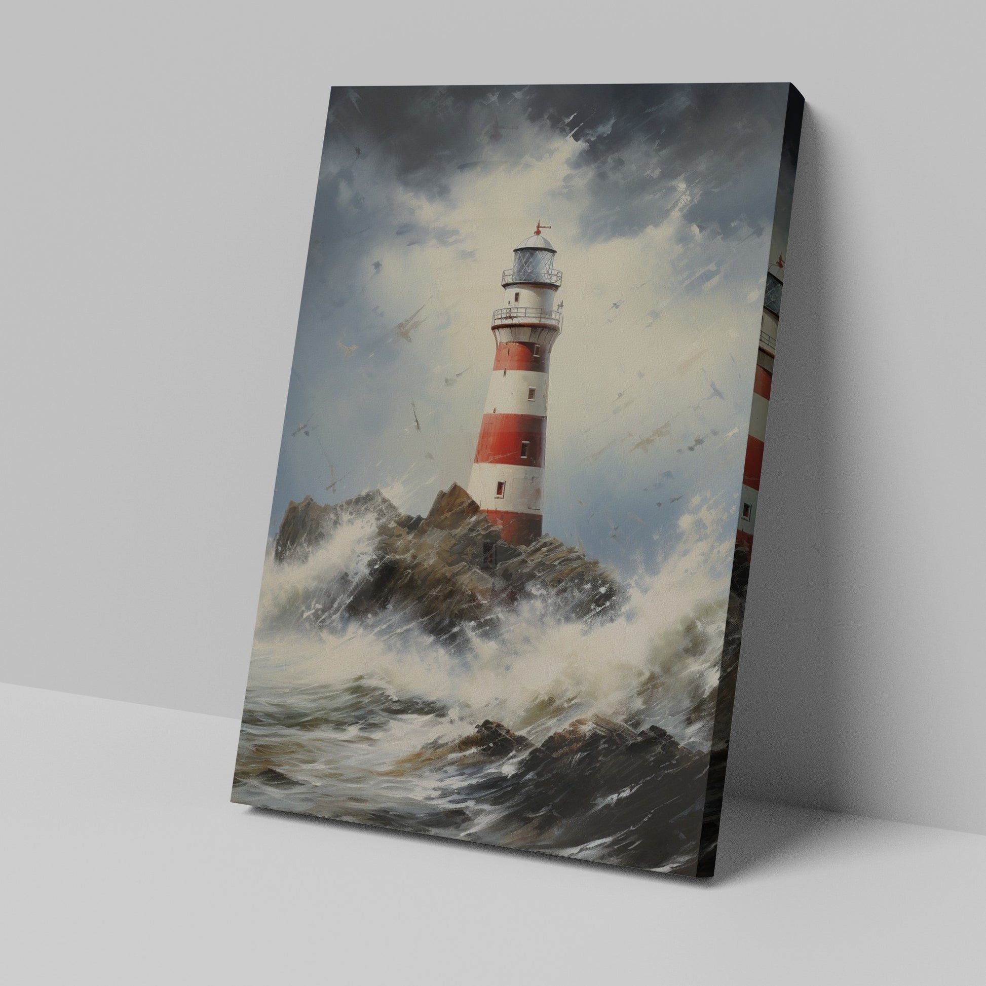 Framed canvas print of a lighthouse on rocky shores with turbulent waves and stormy sky