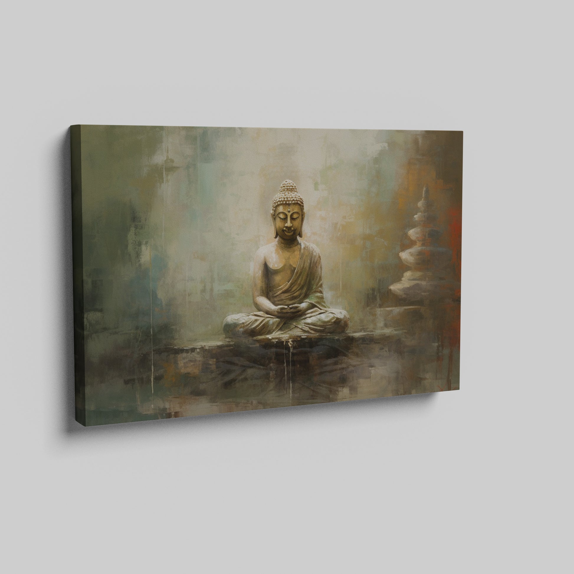 Framed canvas print of a serene Buddha with a gentle colour palette and textured finish