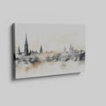 Framed canvas print of a monochromatic sepia cityscape with watercolor and reflection effects