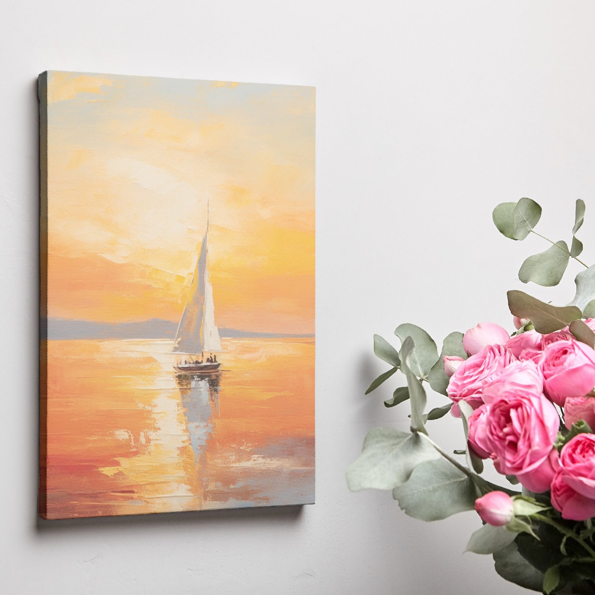 Framed canvas print of an impressionistic sunset seascape with golden colours and a sailboat