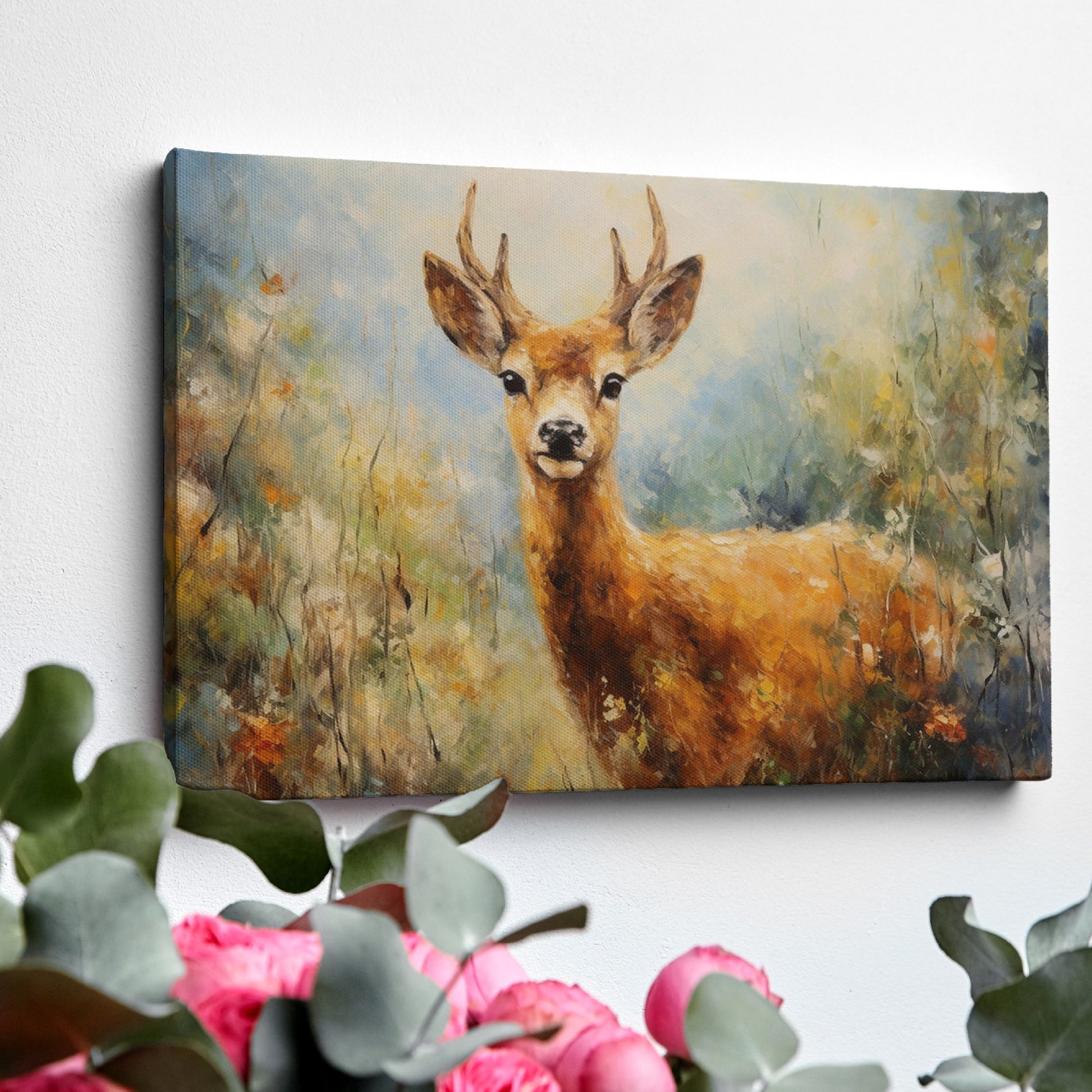 Framed canvas print of an impressionist painting of a deer with autumn colours