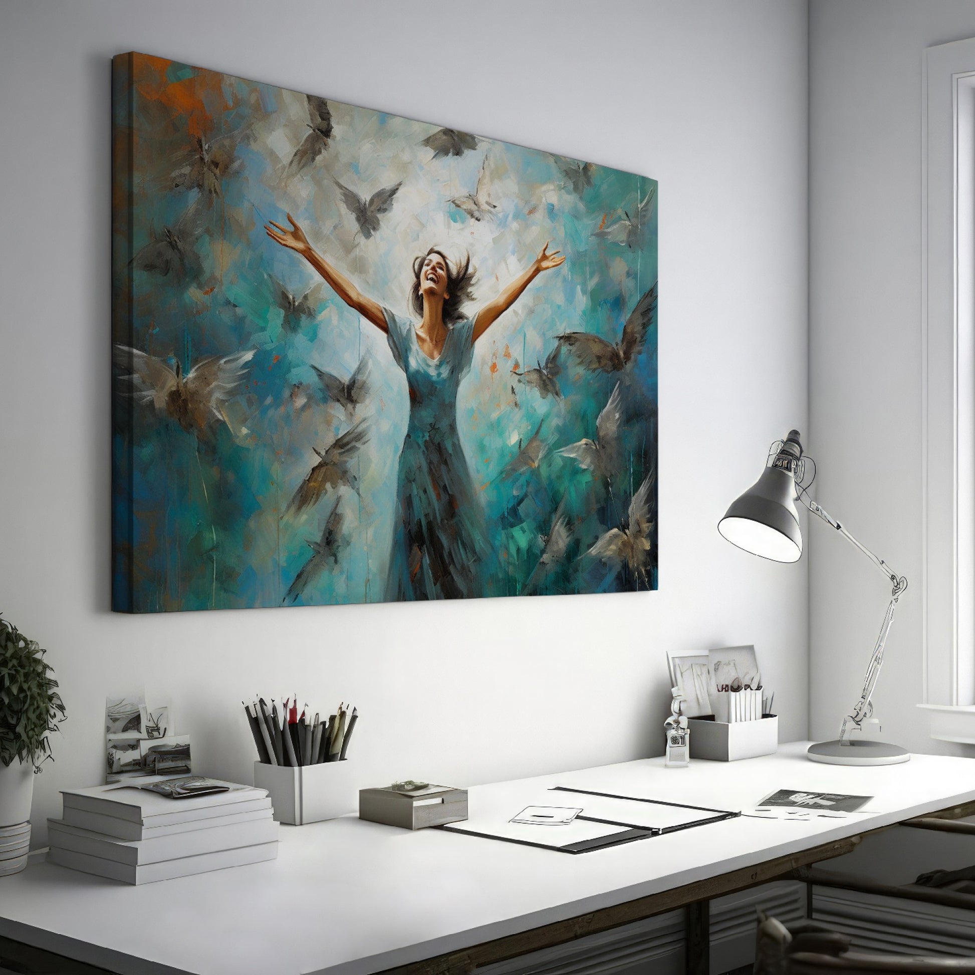 Framed canvas print of a woman joyfully embracing surrounded by impressionist styled birds