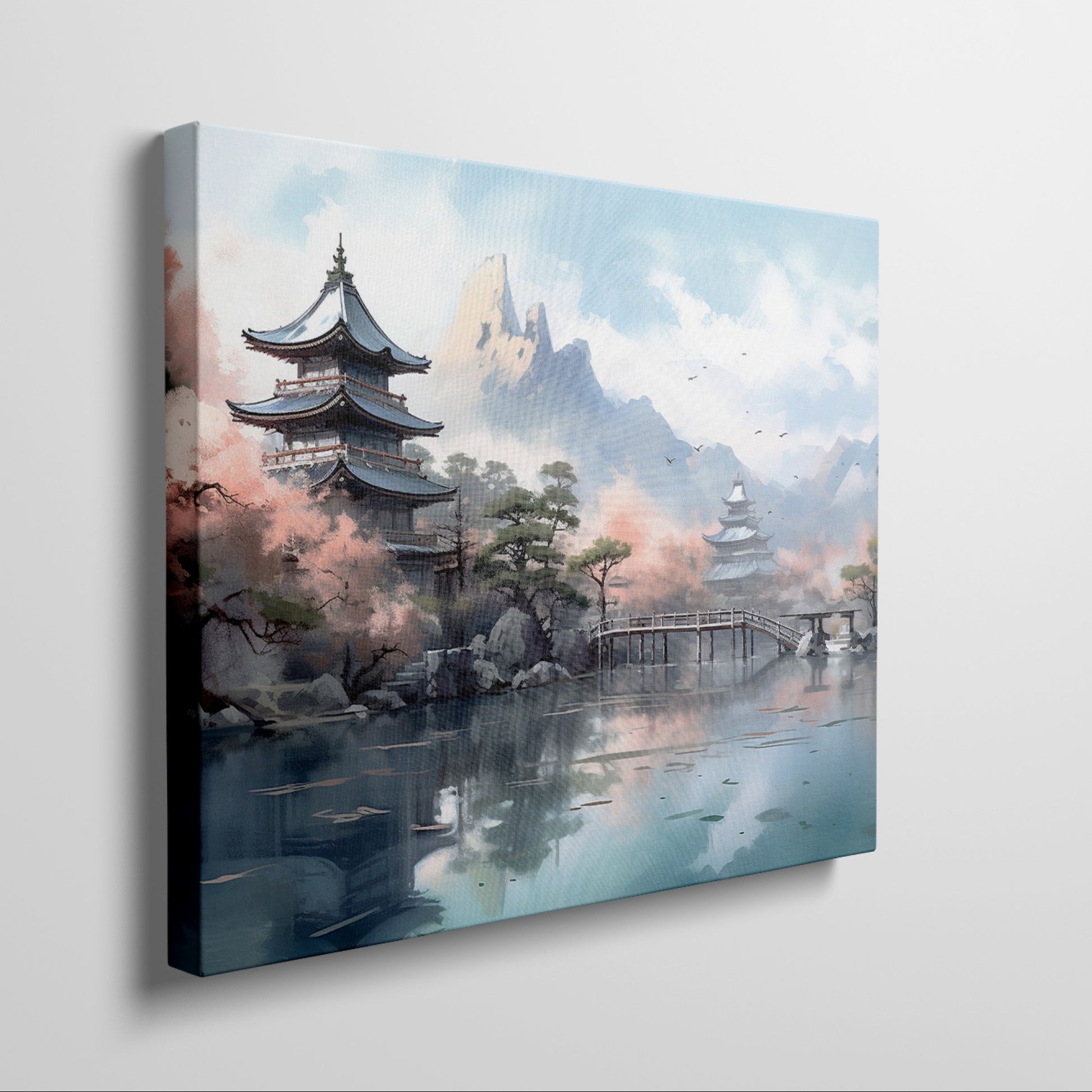 Framed canvas print of traditional Japanese pagoda and cherry blossoms with mountains in the background