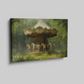 Framed canvas print of a vintage carousel in an enchanting forest setting with rich greenery and soft lighting