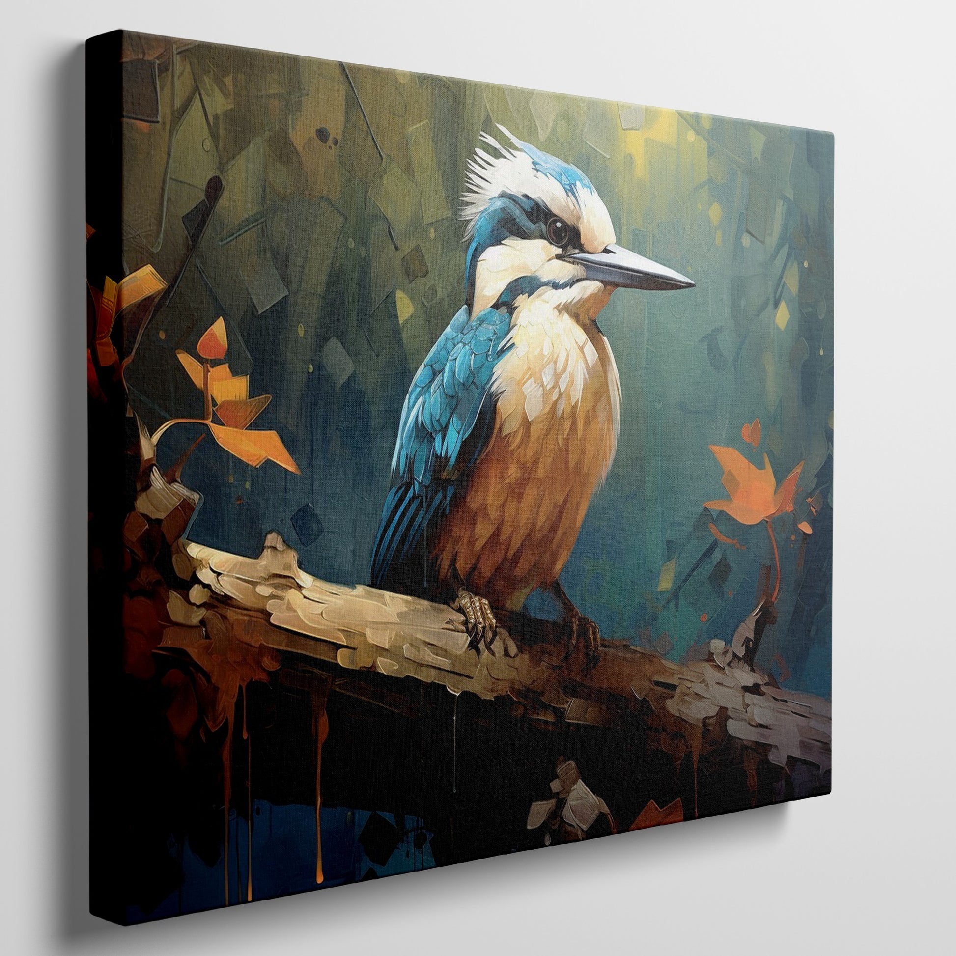 Framed canvas print featuring a vibrant digital art depiction of a kingfisher with autumnal elements