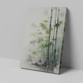 Framed canvas print of tranquil bamboo watercolour painting with soft green leaves and grey tones