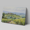 Framed canvas print of a Tuscan countryside panorama with a vineyard and rolling hills in watercolor style