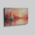 Framed canvas print of sailboats at sunset with orange and blue tones