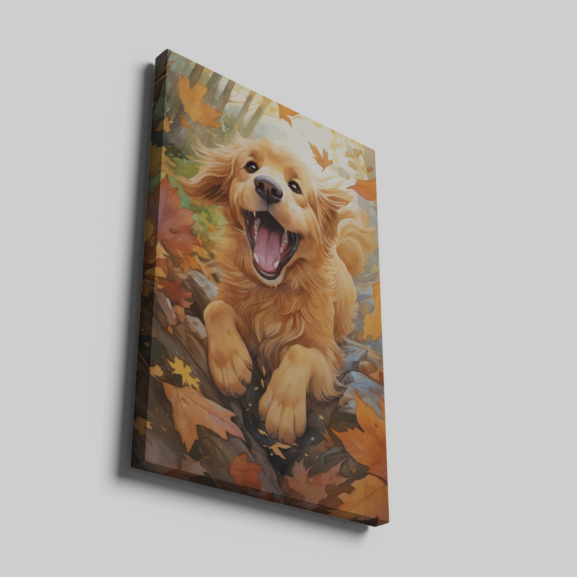 Framed canvas print of a joyful Golden Retriever surrounded by autumn leaves