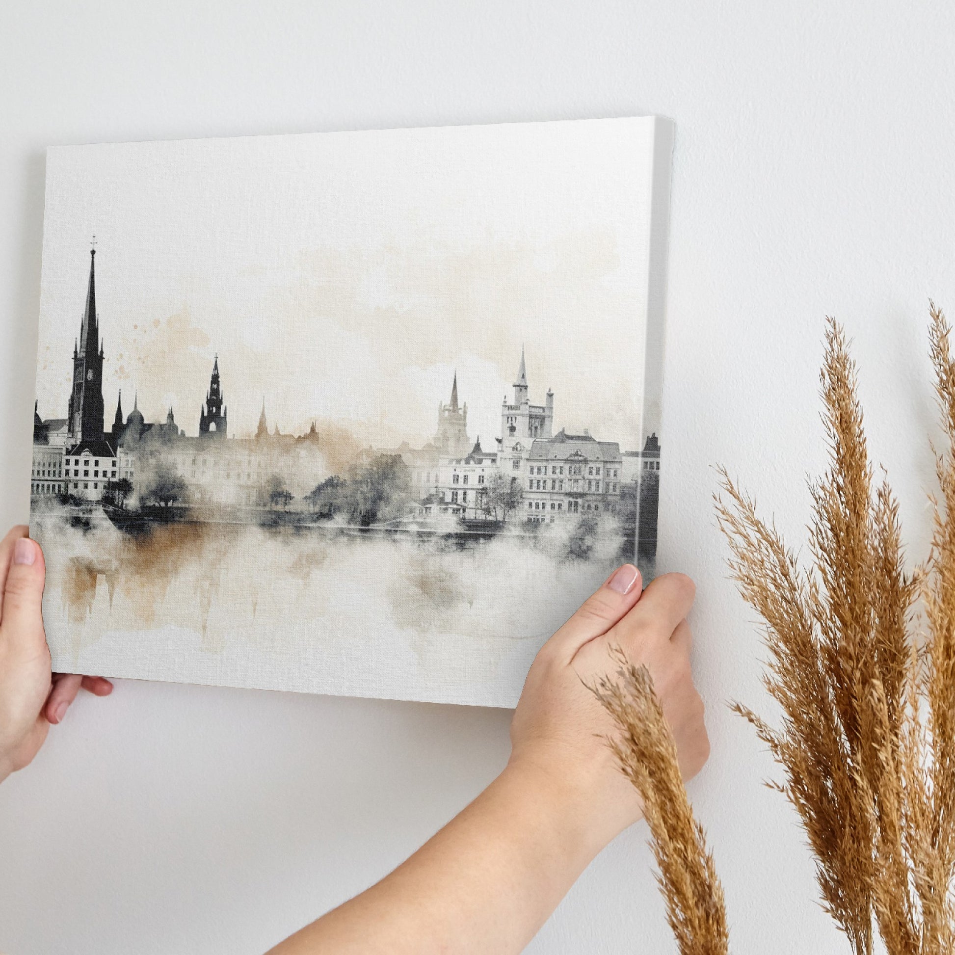 Framed canvas print of a monochromatic sepia cityscape with watercolor and reflection effects